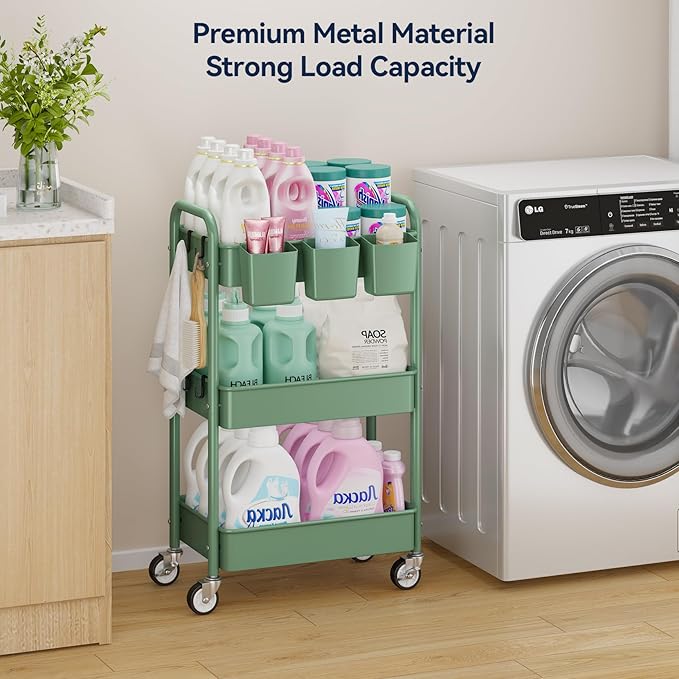 3-Tier Rolling Cart, Green, 66 Pounds Capacity, Mesh Storage Organizer with Lockable Wheels, 3 Hanging Cups, 4 Hooks, Easy Assembly, for Kitchen, Bathroom, Laundry, Grocery | Sturdy Rolling Storage Cart With Hooks & Hanging Cups, Great For Craft, Art W... - Image 2