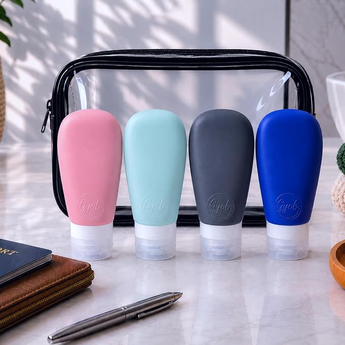 Travel Bottles for Toiletries, TSA Approved 3oz (90ml) Leak Proof Silicone Refillable Squeeze Travel Size Containers BPA Free for Cleansers, Lotions, Shampoo 4pk-With Bag (P,G,Blk,BL) - Image 2