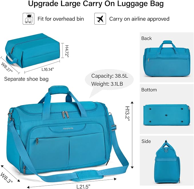 Hanke Carry On luggage Bags for Travel, Large Foldable Duffle Bag for Travel, Softside Lightweight Travel Bag Carry On Bags for Airplanes Women, Travel Tote Bags for Women Men.(Caribbean Blue) - Image 2