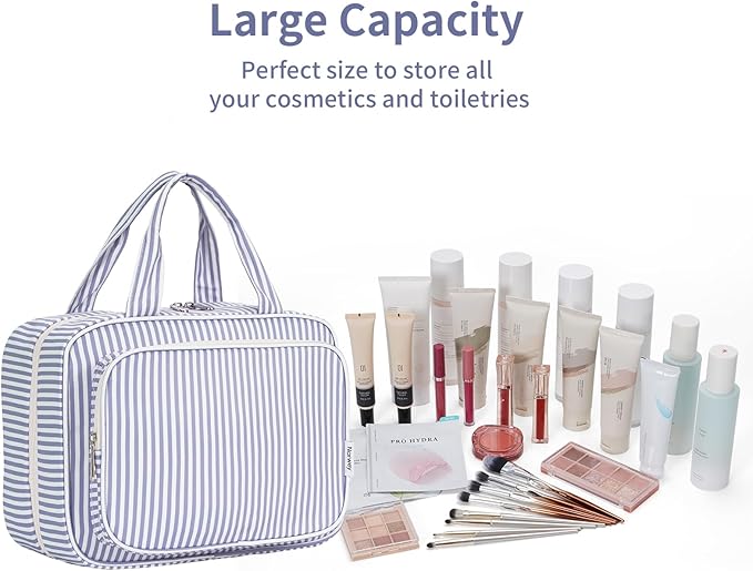 Narwey Striped Travel Toiletry Bag for Women Large Hanging Makeup Bag Organizer Toiletries Bag for Full Size Essentials Accessories Cosmetics (Greyish Blue Stripe (Large)) - Image 6