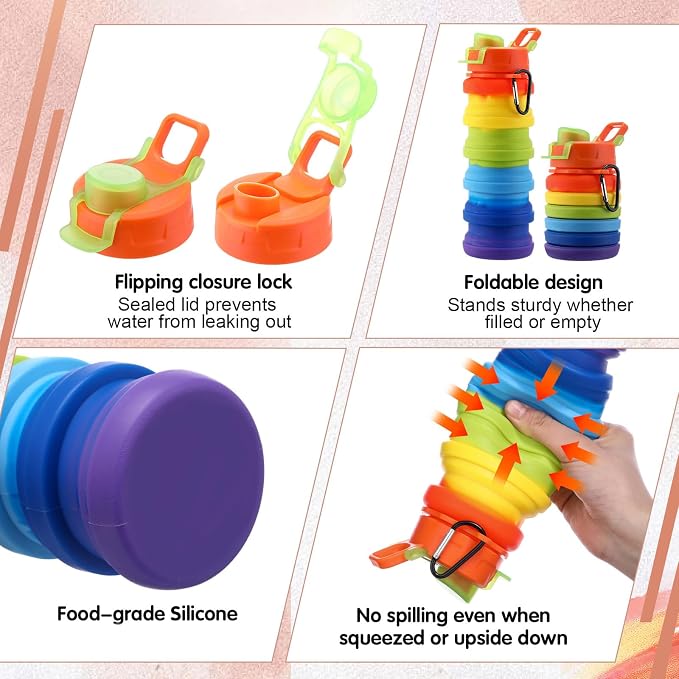 Sunnyray 20 Pack Collapsible Water Bottles Bulk Foldable Water Bottles 17oz Silicone Portable Leak Proof Reusable Sports with Clip for Travel Hiking Camping Outdoor (Colorful) - Image 3