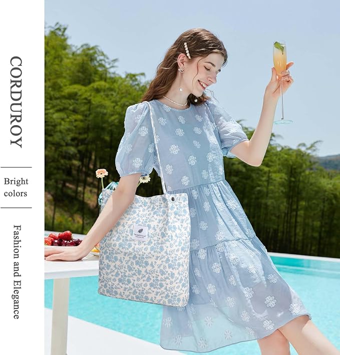 LHMTQVK Corduroy Tote Bags for Women, Large Capacity Tote Purse Reusable Grocery Shoulder Bag with Inner Pockets - Image 5