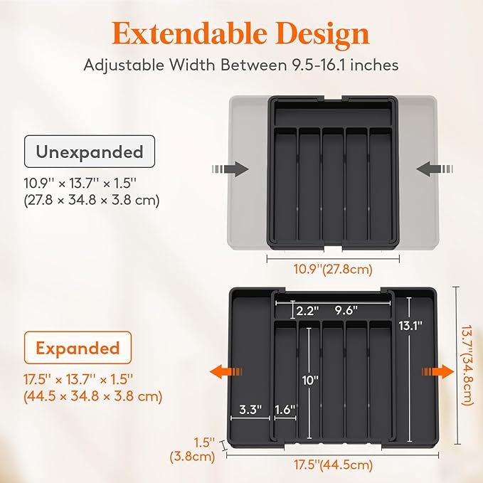 Lifewit Expandable Silverware Drawer Organizer, Kitchen Utensil Tray | BPA-free Plastic Flatware Cutlery Holder, Space-Saving Storage for Spoons Forks Knives, 11-18 x 14 x 1.5“, Black - Image 4