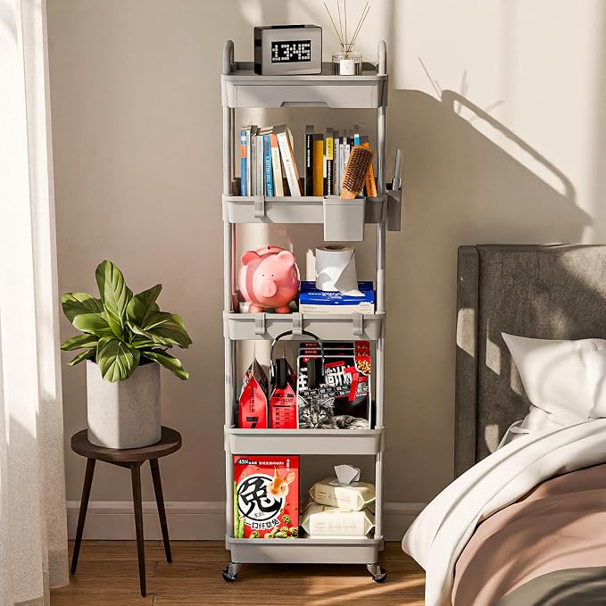 Sorgion 5 Tier Rolling Cart Organizer,Bathroom Cart Organizers with Wheels Laundry Room Organization Mobile Shelving Unit Utility Cart Storage Shelves Multi-Functional for Office, Home(Grey) - Image 2