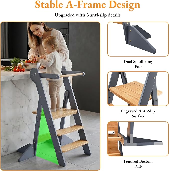 COSYLAND Toddler Standing Tower Foldable Toddler Kitchen Step Stool | Adjustable Height Folding Step Stool for Kids Learning and Cooking - Ages 18 Months to 6 Years with Safety Net Natural & Grey - Image 5