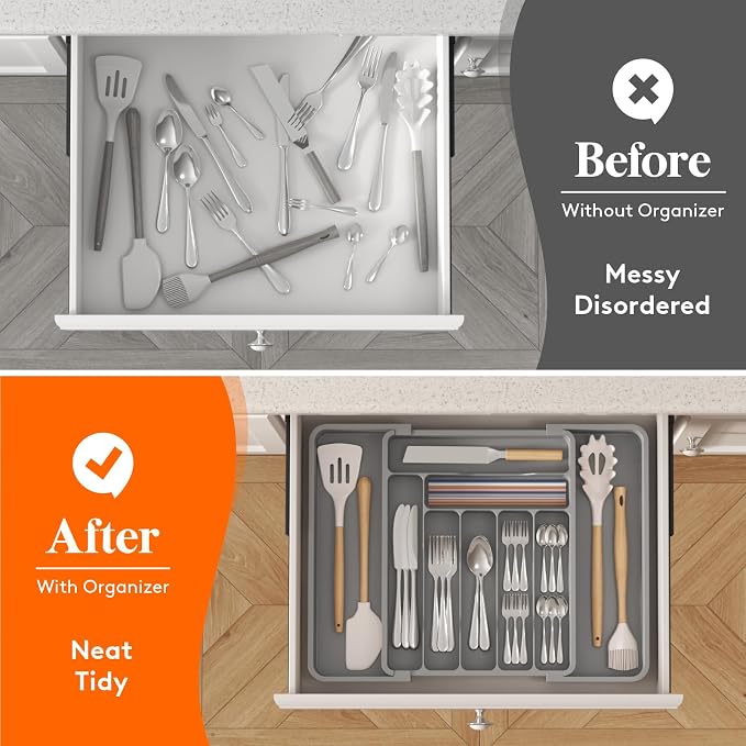 Lifewit Expandable Silverware Drawer Organizer, Kitchen Utensil Tray | BPA-free Plastic Flatware Cutlery Holder, Space-Saving Storage for Spoons Forks Knives, 11.8-19.6 x 15“, Gray - Image 8