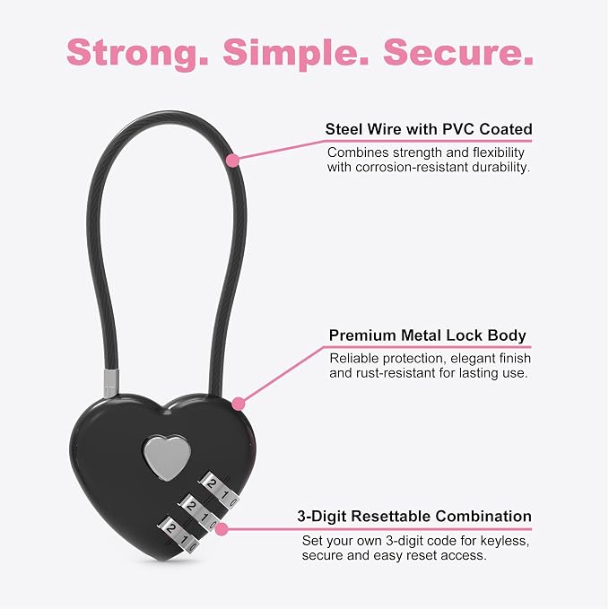 3 Digit Combination Lock, Combo Cable Lock with Code, Small Padlock Combination, for Luggage, Suitcase, Gym Locker, Backpack Bag Zipper, Cabinet, Mailbox, Fence, Travel Safe Outdoor Use - Image 4