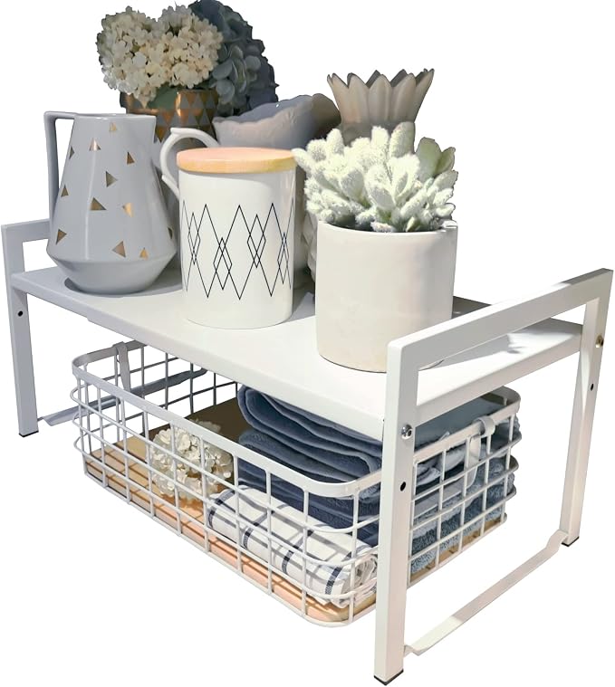 Expandable Cabinet Shelf Organizer 16-26" L Stackable Kitchen Counter Shelf Rack Stand Sink Riser Countertop Storage White (Wide 10.6”D) by Urhomeyplus