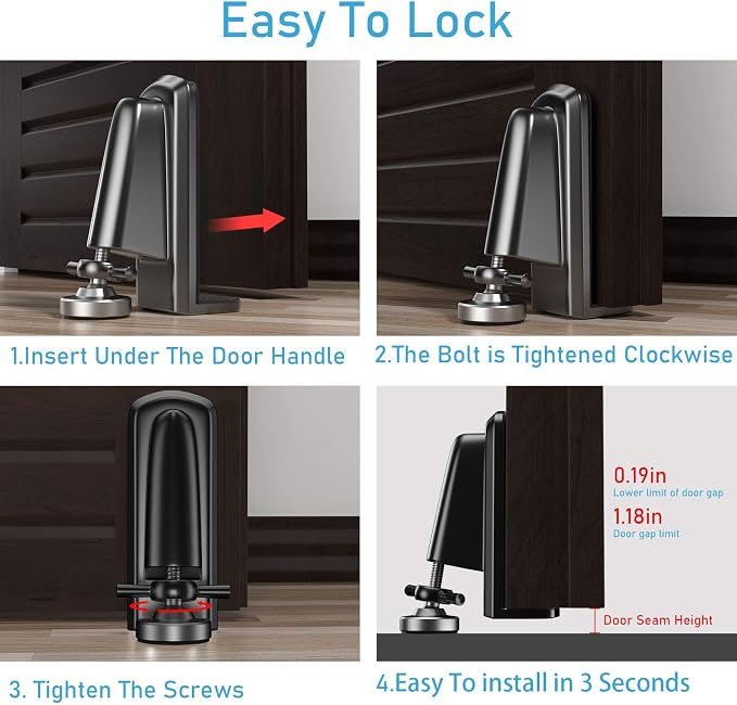 Portable Door Locks - Door Stoppers Security Door Lock Replacement Parts, Heavy Duty Door Jammer Door Blocker Device for Apartment/Travel/Hotel/Home (Black) - Image 6