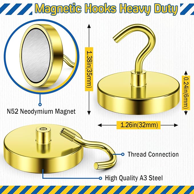 FINDMAG Magnet Hooks for Cruise Cabin, 110lbs Magnet Hooks | Magnetic Hooks for Classroom, Magnetic Key Holder for Fridge, Household Essentials, Small Apartment Essentials, 6 Pack, Gold - Image 5