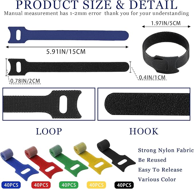 200PCS 6 Inch Cable Ties Reusable Fastener Straps Multi-Purpose Wire Ties Self-Gripping Cord Organizer Cord Wraps Adjustable Hook&Loop Cable Straps for Home,Office and Data Centers Cables Management - Image 3