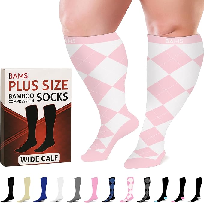 BAMS Plus Size Compression Socks Wide Calf XL XXL XXXL – Graduated Knee-High Support, Viscose from Bamboo Easy-On/Easy-Off by BAMS
