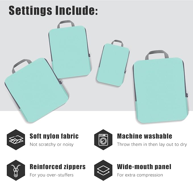 4 Set Compression Packing Cubes Travel - Travel Accessories Expandable Packing Organizers for Carry On - Essentials Luggage Bags - Light Teal - Image 3