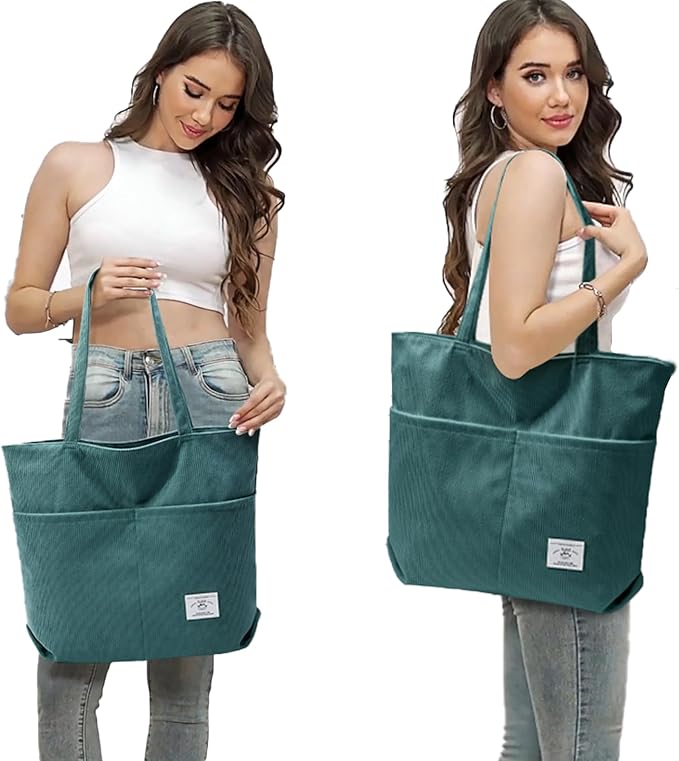 KALIDI Women Corduroy Tote Bag Zipper Casual Tote's Handbag Big Capacity Shoulder Bag with Pockets - Image 2
