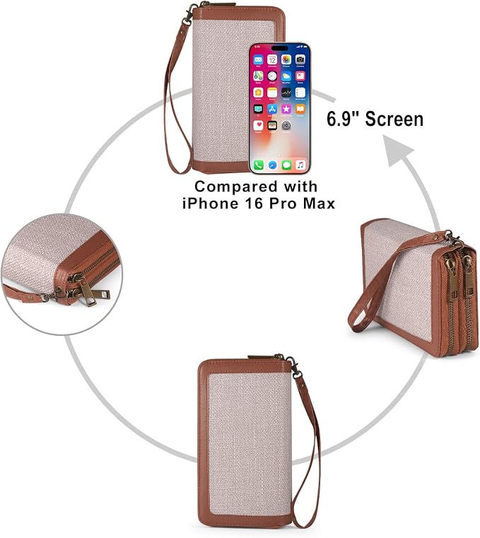 Double Zipper Wallet RFID Blocking Cellphone Wristlet for Women Large Capacity Multi Card Clutch Purse with Removable Strap, Grey Linen Brown - Image 6