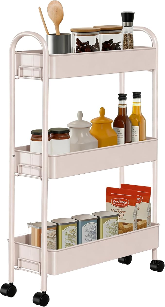 Slim Rolling Cart, Metal Frame Utility Rolling 3-Tier Narrow Storage Cart | Kitchen Storage Organizer, Mobile Shelving Unit for Bathroom Kitchen by Unknown
