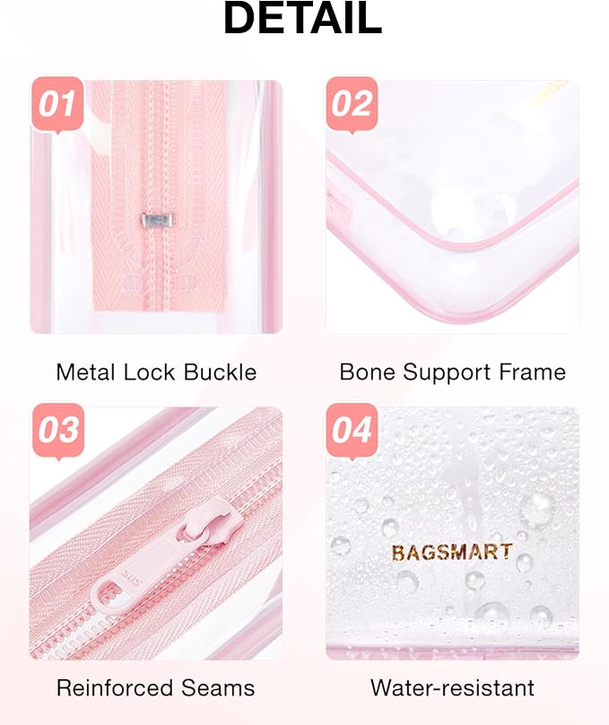 BAGSMART Clear Toiletry Bag 2-Pack TSA Approved Water-Repellent, Pink | Carry on Travel Accessories Bag, Airport Airline Quart Size Bags for Women Men, Makeup Cosmetic Bag - Image 4