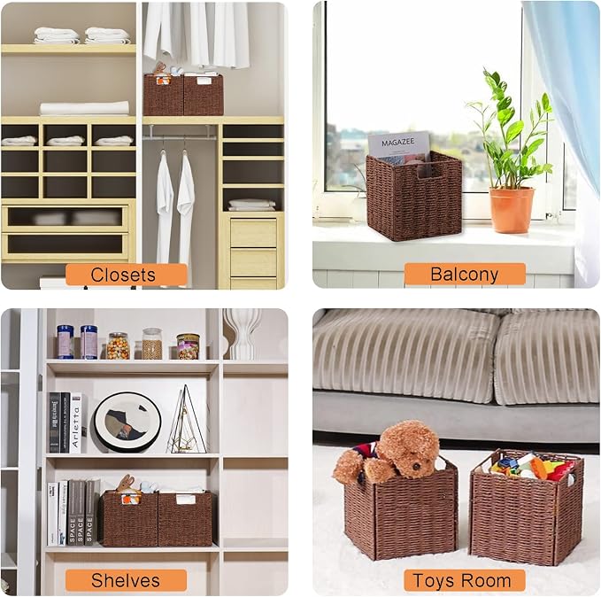 Wicker Storage Basket, Set of 2 Hand-Woven Storage Baskets for Shelves, Foldable Cube Storage Baskets Bins with Handles, 9 inch Small Wicker Baskets for Organizing Pantry Bedroom, Brown - Image 6