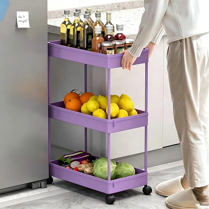 Slim Storage Cart 3 Tier,Bathroom Organizer Rolling Utility,Mobile Shelving Unit Slide Out for Office, Kitchen, Laundry Room & Narrow Places,Purple - Image 8