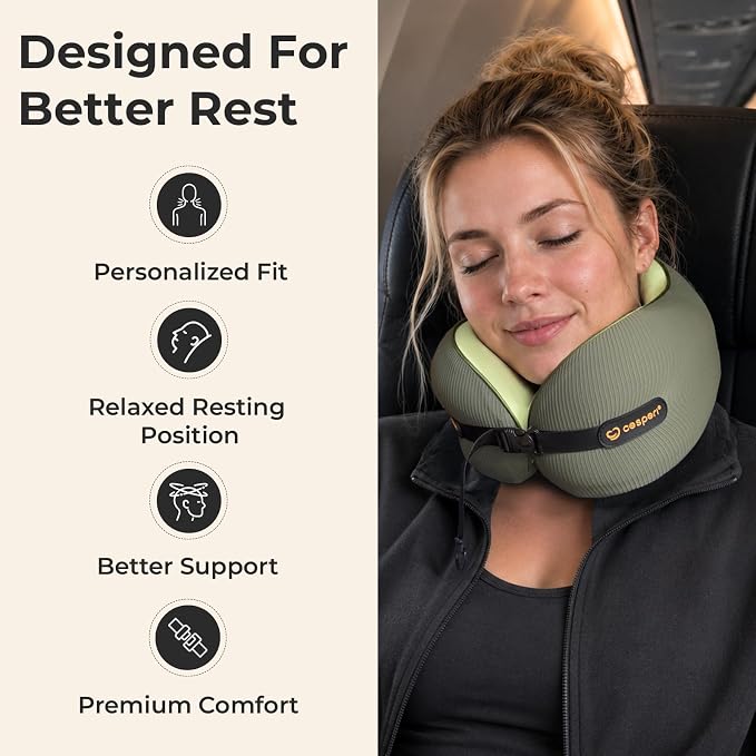 Cesperi® Ergonomic Travel Neck Pillow for Airplanes & Cars, Medium | CertiPUR-US® Certified Memory Foam, Washable Cover, Travel Bag, Standard Neck Fit, Neck Pillow for Flights (Avocado Green) - Image 3