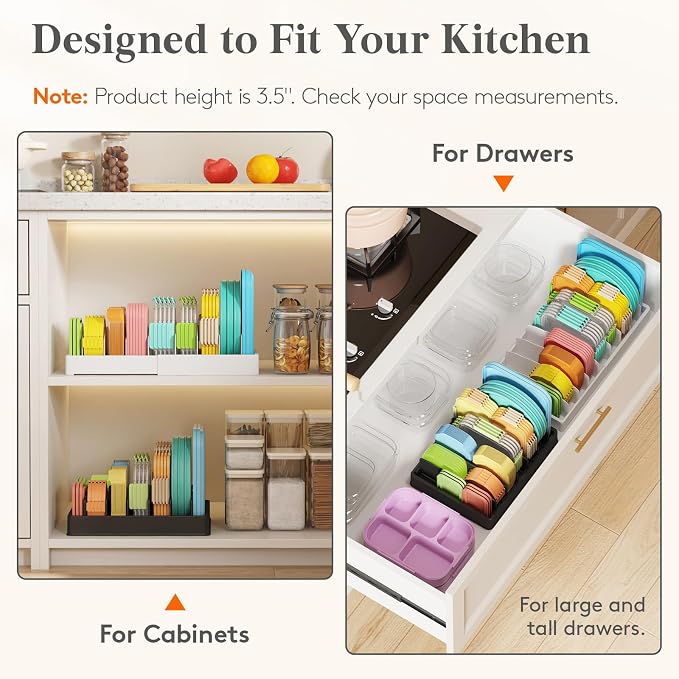Lifewit Kitchen Cabinet Organizer for Food Contanier Lid with 7 Sections | Lid Holder with 6 Adjustable Dividers for Pantry Organizers and Storage, Home Drawer Organization, Black, Large, 13" x 10" - Image 4