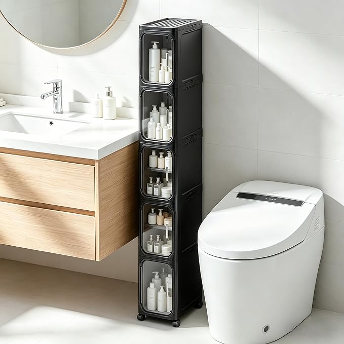 LXLXXL 5-Tier Narrow Storage Cabinet Slim Bathroom Tall Skinny Organizer | Movable Slim Storage Cabinet with Lockable Rolling Wheels Adjustable Detachable Shelves Snap Assembly for Small Spaces,Black by LXLXXL