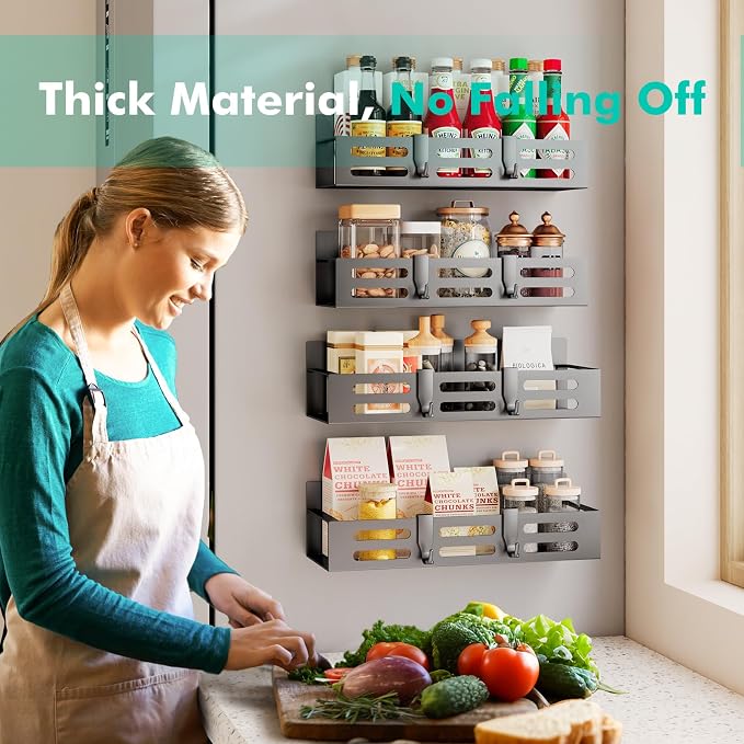 SETBAOO 4 Pack Magnetic Spice Rack for Refrigerator, Black Magnetic Shelf and Fridge Kitchen Storage Cabinet Organizers Seasoning Organization Mini Shelves, Organizadores de Cocina - Image 5
