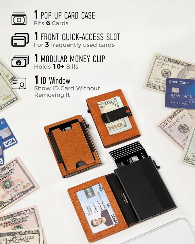 iwantit Slim Wallet for Men Card Holder: Minimalist RFID Blocking Wallet for 8-10 Cards - Smart Pop Up Card Case with Detachable Money Clip - Premium Leather Cardholder, Gift Boxed (Chestnut) - Image 6