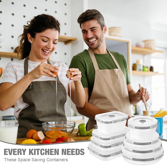 12 Silicone Collapsible Food Storage Containers Foldable Silicone Lunch Container 6 Rectangle and 6 Round Airtight Collapsible Bowl with Lid Set for Kitchen Microwave (Translucence Gray) - Image 6