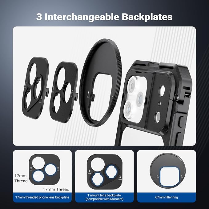 NEEWER Phone Cage Kit Compatible with iPhone 17 Pro Only, Video Rig Stabilizer Accessories with 67mm Filter Ring, 17mm Lens Backplate, T Mount Adapter, Two Quick Release Handles, PA143 (Black) - Image 4