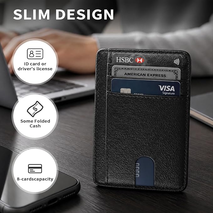 Slim Minimalist Front Pocket RFID Blocking Leather Credit Card Holder, Small Compact Wallet with ID Window for Men and Women (Black) - Image 5
