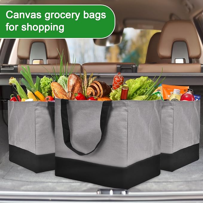 3 Pack Canvas Reusable Grocery Bags Heavy Duty, 8.3 gal Foldable Large Tote Bag with Handles, Holds 60 lbs Canvas Shopping Bags & Washable Eco-friendly Bags with 5 Pockets, Grey+Black - Image 6