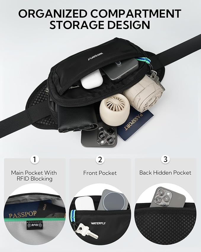 WATERFLY 2.3L RFID Fanny Pack: Anti-Theft Bellows-Style Opening for Hiking | Lightweight Water-Resistant Nylon, Breathable Back Pad, Woven Strap Loops, Key Hook, Travel Camping Cycling, Women Men - Image 4