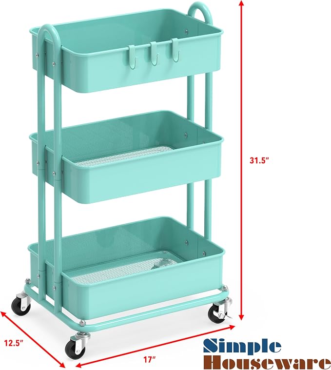 Simple Houseware 3-Tier Heavy Duty Metal Utility Rolling Cart, Turquoise - Image 6