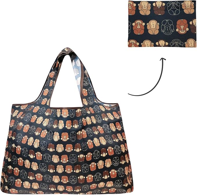 allydrew Large Foldable Tote Nylon Reusable Grocery Bags, Monkey Business - Image 5