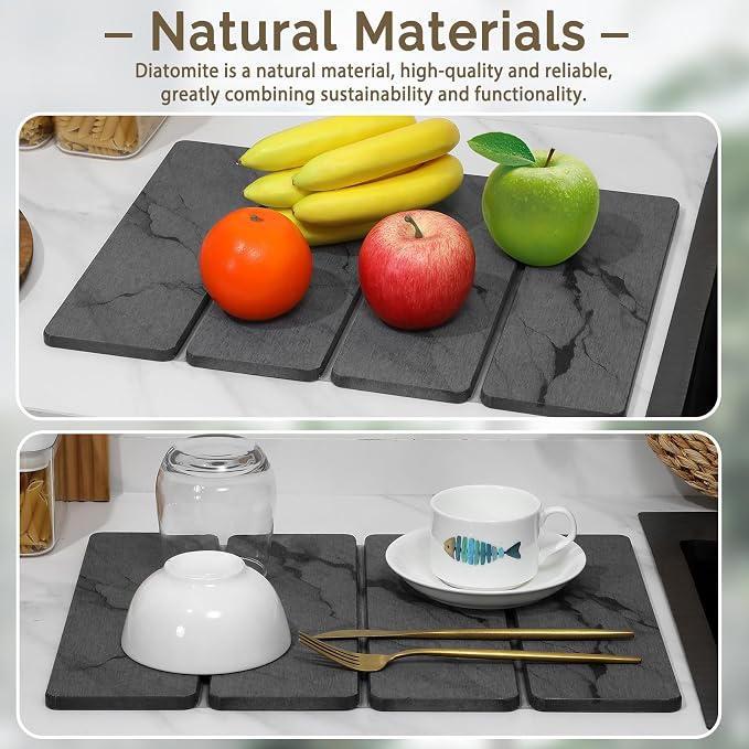 Small Stone Dish Drying Mat for Kitchen Counter, 2 PCS 16"×12" & 8"x4" Quick Dry Stone Mats, Foldable Water Absorbing Diatomite Drying Dish Pad for Countertop Bottles Utensils Cups(Dark Gray Ink) - Image 8