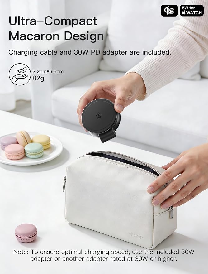 2 in 1 Magnetic Wireless Charger, Qi2 25W Fast Charging Travel Station Pad Compatible with MagSafe for iPhone Air/17/16/15/14/13/12, 5W for Apple Watch, AirPods 4/3/2/Pro with 30W Adapter (Black) - Image 9