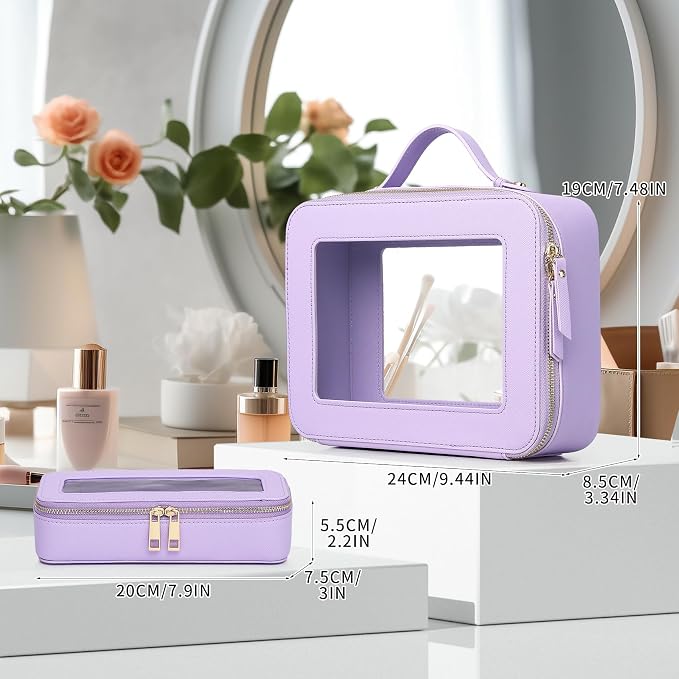 Pinkmik Clear Makeup Bag with Brush Bag, (Purple, L+SLIM) | 2pcs, Waterproof, Travel Case for Cosmetics and Toiletries, Women's Cosmetic Organizer, with Zipper - Image 3