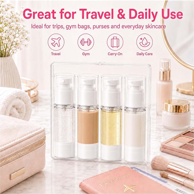 4 Pack Airless Pump Bottles, 1 oz Leakproof Travel Bottles with Pump for Toiletries, Small Empty Containers with Lids for Lotion Creams Serum Skin Care Shampoo Cosmetic Moisturizer Dispenser, Clear - Image 9
