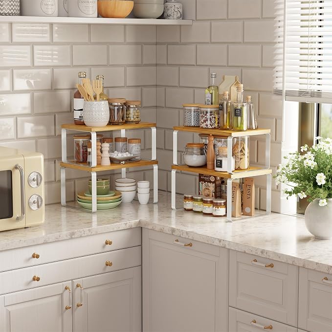 Simple Trending Bamboo Cabinet Organizer Shelf, Set of 4 Kitchen Counter Shelves, Stackable Expandable Spice Rack Pantry Cupboard Organizer, White and Natural - Image 5