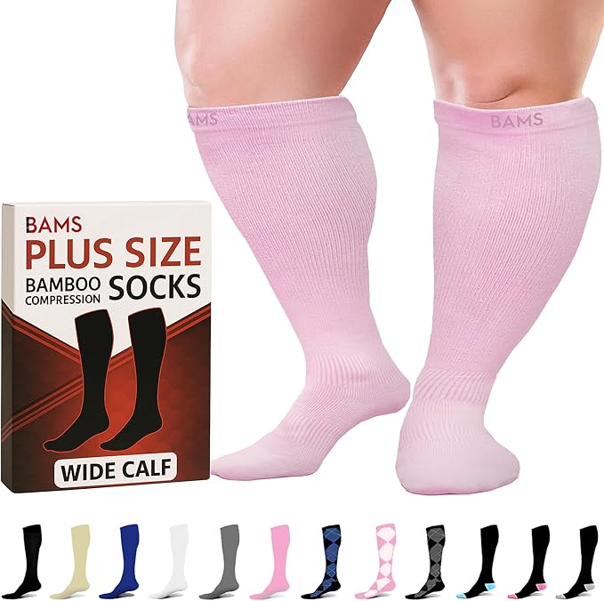 BAMS Plus Size Compression Socks Wide Calf XL XXL XXXL – Graduated Knee-High Support, Viscose from Bamboo Easy-On/Easy-Off by BAMS