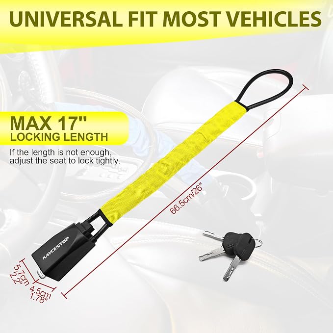 KAYCENTOP Car Steering Wheel Lock, Seat Belt Lock, Anti-Theft Device, Max 17 Inch Length, Small and Light-Weight, Multi-Functional, Fit Most Vehicle, SUV, Golf Cart Security (Yellow) - Image 2