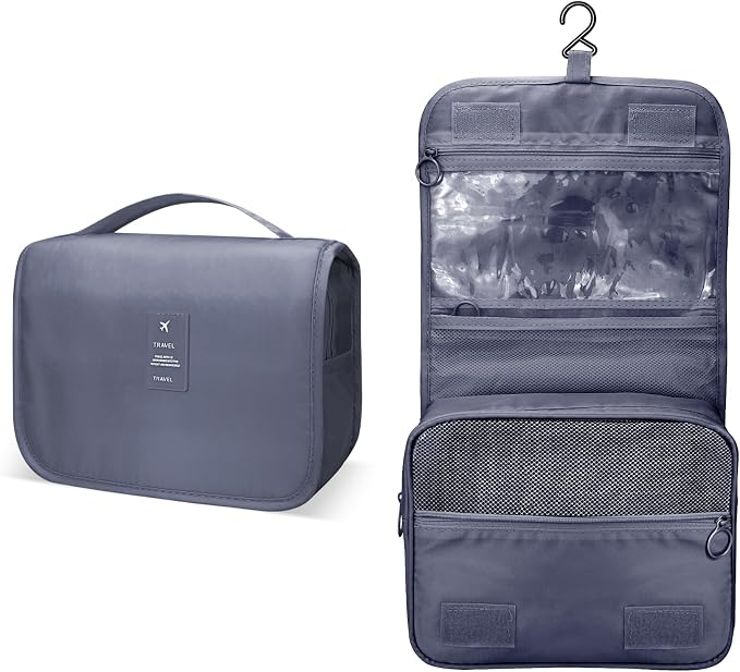 Lcsmaokin Large Capacity Toiletry Bag Travel Bag with Hanging Hook for Men and Women Waterproof Travel Cosmetic Bag Bathroom Storage Bag for Brushes Set,Mens Bathroom Bag Accessories-Grey - Image 2