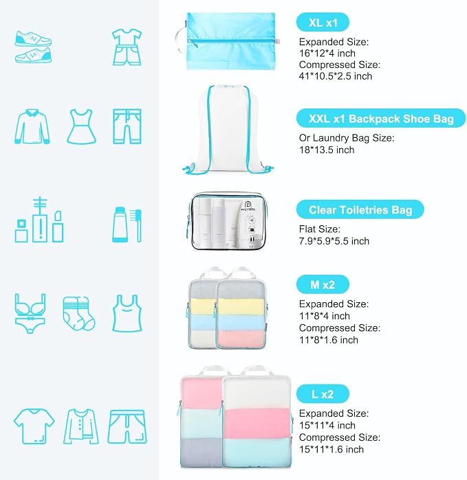 PFEYRPK Lightweight Compression Packing Cubes for Suitcases, Compressible Expandable Travel Packing Organizer with Clear Toiletries and Backpack Bag, Travel Essentials for Carry on Luggage 7 Set - Image 7