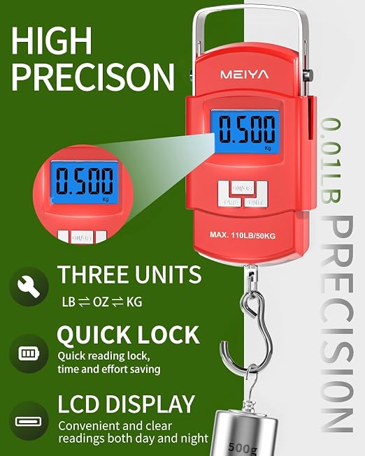 MEIYA Fish Scale 110lb Portable Luggage Scale Travel Digital Hanging Scale with Hook, Fishing Gifts for Men, Weighing Tool for Suitcases & Fish, Includes 2 AAA Batteries, Backlit LCD Display (Red) - Image 2