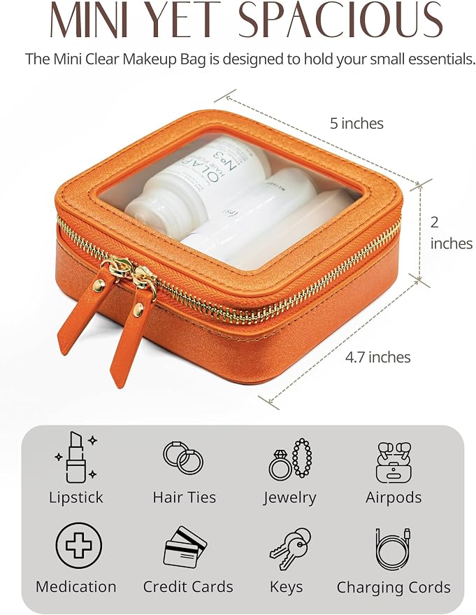 Clear Makeup Bag with Zipper Small Travel Cosmetic Case Orange Mini Pouch for Purse Accessories Car Storgae Essentials Bag Purse Pouch Organizer Compact Small Clear Toiletry Bag for Traveling - Image 6