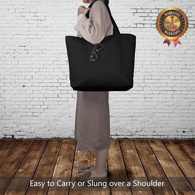 TOPDesign 1-Pack Canvas Tote Bag with an External Pocket, Reusable Grocery Shopping Bag, Top Zipper Closure, Daily Essentials (Black) - Image 2