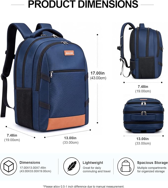 Amovee Travel Laptop Backpack 17.3 Inch, Water Resistant Anti-Theft Computer Bag with Hidden Pocket & Luggage Strap, Airline Approved Carry-On Bookbag for Men Women, Perfect for Flying & Vacation - Image 2