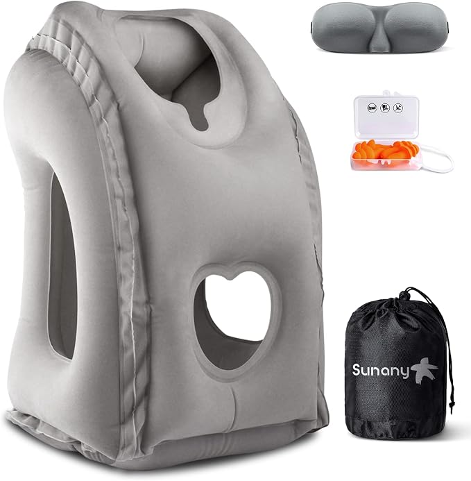 Sunany Travel Pillow, Inflatable Neck Pillow Used for Airplanes/Cars/Buses/Trains/Office Napping with Eye Mask/Earplugs (Gray) by Sunany