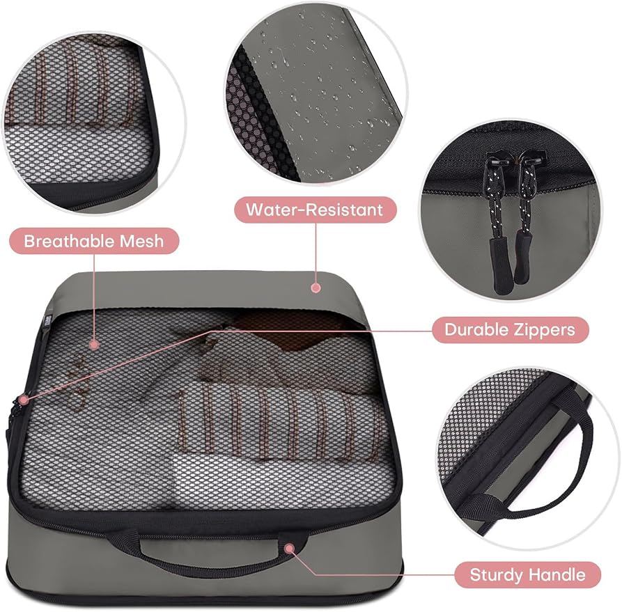 4 PCS Set Compression Packing Cubes for Travel, Lightweight Packaging Organizer Bags for Carry On Space Saving, Travel Essentials Cubes for Suitcase Backpack, Grey - Image 5